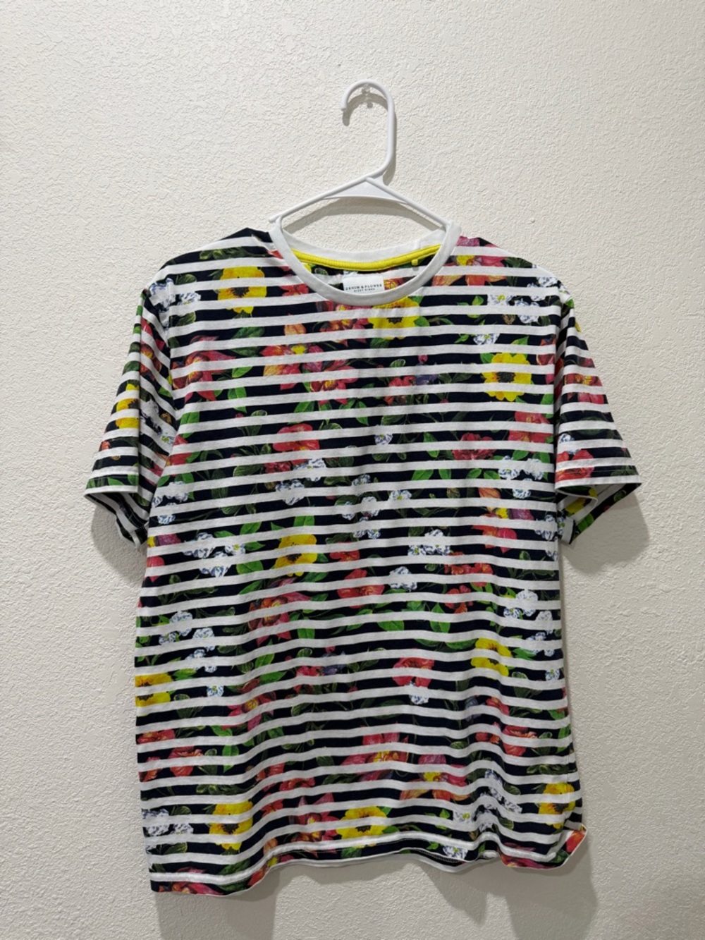 Denim & Flower Black and White Striped Floral Tee with Yellow and Pink Accents
